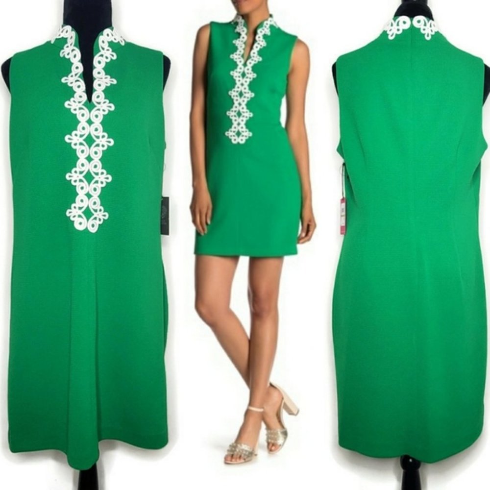 NWT! Vince Camuto | Kelly Green Sleeveless Sheath Dress with Swirl Applique